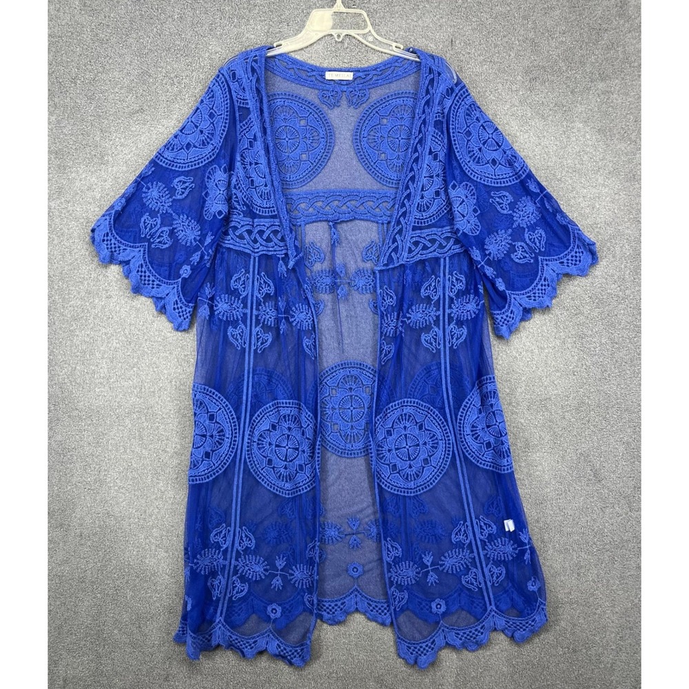 TE MEILAI Kimono Cardigan Womens One Size Royal Blue Mesh Lace Boho Duster Cover